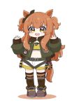  1girl :d absurdres animal_ears bangs blush boots brown_eyes brown_footwear brown_hair brown_ribbon brown_thighhighs colored_shadow crop_top ear_ribbon full_body fur-trimmed_jacket fur_trim green_jacket hair_between_eyes hands_up highres horse_ears horse_girl horse_tail jacket long_hair long_sleeves looking_at_viewer mayano_top_gun_(umamusume) midriff multicolored_hair nozo_(hitomiz) open_clothes open_jacket puffy_long_sleeves puffy_sleeves ribbon shadow short_shorts shorts simple_background sleeves_past_wrists smile solo standing tail thigh-highs two-tone_hair umamusume very_long_hair white_background white_shorts 