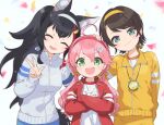 3girls :d ahoge animal_ears aqua_eyes bangs black_hair blue_eyes brown_hair closed_eyes closed_mouth commentary_request crossed_arms green_eyes hair_ornament hairband hand_on_another&#039;s_head highres hololive jacket long_hair long_sleeves looking_at_viewer low-tied_long_hair machico_maki multicolored_hair multiple_girls ookami_mio oozora_subaru open_clothes open_jacket open_mouth pants pink_hair red_hairband redhead sakura_miko shirt short_hair smile streaked_hair swept_bangs tail track_jacket track_pants track_suit upper_body v very_long_hair virtual_youtuber white_hair white_hairband white_shirt wolf_ears wolf_girl wolf_tail yellow_hairband zipper 