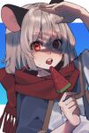  1girl animal_ears food fruit grey_hair highres holding holding_food mouse_ears nazrin open_mouth popsicle prat_rat red_eyes red_scarf scarf solo touhou upper_body watermelon watermelon_bar 