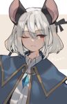  1girl animal_ears capelet expressionless gold_trim grey_background highres jewelry looking_at_viewer mouse_ears nazrin one_eye_closed pendant prat_rat red_eyes simple_background solo touhou upper_body 