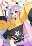  1girl :d absurdres atsuki_(pink0930cat) bangs black_shorts blue_hair blush character_hair_ornament commentary_request grey_pantyhose hair_ornament happy highres iono_(pokemon) jacket long_hair looking_at_viewer multicolored_hair open_mouth pantyhose pokemon purple_hair shorts single_leg_pantyhose smile solo teeth thigh_strap tongue twintails two-tone_hair violet_eyes yellow_jacket 