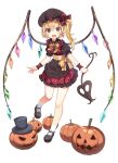  1girl :o alternate_color apron bangs black_apron black_footwear black_headwear black_shirt blonde_hair bow bowtie commentary crystal fang flandre_scarlet frilled_skirt frills full_body hair_between_eyes hat hat_bow highres jack-o&#039;-lantern laevatein_(touhou) long_hair looking_at_viewer mary_janes mob_cap one_side_up open_mouth otomo_no_sachi pointy_ears puffy_short_sleeves puffy_sleeves pumpkin red_bow red_eyes red_skirt red_vest shirt shoes short_sleeves simple_background skin_fang skirt socks solo top_hat touhou vest waist_apron white_background white_socks wings wrist_cuffs yellow_bow yellow_bowtie 