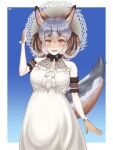  1girl animal_costume animal_ear_fluff animal_ears arm_belt dress extra_ears falr_illust fox_ears fox_girl fox_tail gloves grey_hair hat highres island_fox_(kemono_friends) kemono_friends kemono_friends_v_project long_hair looking_at_viewer microphone multicolored_hair open_mouth orange_hair ribbon simple_background smile solo sundress tail virtual_youtuber yellow_eyes 