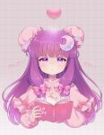  1girl adapted_costume blush book bun_cover crescent crescent_hair_ornament dress hair_ornament heart highres holding holding_book iris_anemone long_hair long_sleeves open_book parted_lips patchouli_knowledge pink_dress purple_hair solo touhou upper_body violet_eyes 