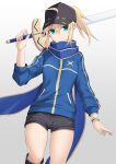  1girl ahoge artoria_pendragon_(fate) baseball_cap black_headwear blonde_hair blue_jacket blue_scarf cross_(crossryou) excalibur_(fate/stay_night) fate/grand_order fate_(series) green_eyes hair_through_headwear hat highres himitsucalibur_(fate) jacket looking_at_viewer mysterious_heroine_x_(fate) ponytail scarf shorts solo track_jacket 