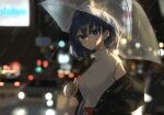  1girl black_jacket blue_eyes blue_hair blurry blurry_background bow bow_earrings earrings fingernails hair_intakes highres holding holding_umbrella hololive hololive_english jacket jewelry night ouro_kronii rain sleeveless sleeveless_turtleneck turtleneck umbrella virtual_youtuber ybpac18 