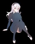 1girl bangs barefoot black_background black_bodysuit black_hairband bodysuit breasts chinese_commentary closed_mouth collar commentary_request corrin_(fire_emblem) corrin_(fire_emblem)_(female) fire_emblem fire_emblem_fates full_body hair_between_eyes hairband long_hair long_sleeves looking_at_viewer puffy_long_sleeves puffy_sleeves red_eyes simple_background sitting solo white_collar white_hair zuizi 