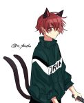  1boy adapted_costume animal_ears artist_name cat_ears cat_tail extra_ears genderswap genderswap_(ftm) highres kaenbyou_rin male_focus multiple_tails nekomata pointy_ears red_eyes redhead short_hair solo tail touhou two_tails white_background yadoyuki 
