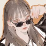  1girl animification bangs black_shirt brown_background brown_eyes brown_hair expressionless hair_behind_ear hair_over_shoulder hand_on_eyewear highres k-pop long_hair mamamoo moonbyul_(mamamoo) portrait qiao_nan_1028_hao real_life shirt solo sunglasses 