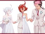  1boy 2girls absurdres ahoge bare_shoulders blazer blue_eyes blush bouquet brown_hair cokio dress formal grey_eyes grey_hair grin guel_jeturk gundam gundam_suisei_no_majo hair_between_eyes hairband hand_in_pocket highres holding holding_bouquet holding_hands jacket long_hair medium_hair miorine_rembran mole mole_under_eye multicolored_hair multiple_girls necktie pink_hair redhead smile split_theme suit suletta_mercury tuxedo two-tone_hair wavy_mouth wedding_dress white_background white_suit 