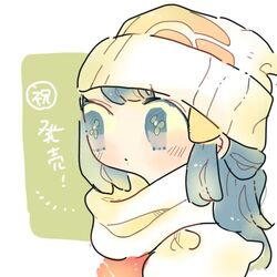  1girl beanie blue_eyes blue_hair dark_blue_hair hair_ornament hat hikari_(pokemon) katiko long_hair lowres no_nose pokemon pokemon_(game) pokemon_dppt pokemon_platinum scarf solo upper_body white_headwear white_scarf 