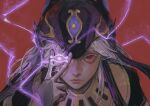  1boy animal_ears arabian_clothes bishounen cyno_(genshin_impact) dark-skinned_male dark_skin electricity eye_symbol genshin_impact grey_hair hat highres long_hair male_focus red_background simple_background solo suzitcat upper_body v violet_eyes 