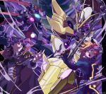  2boys absurdres accesscode_talker ai_(yu-gi-oh!) armor ascot black_hair blonde_hair bodysuit cape closed_mouth duel_monster earrings epaulettes fujiki_yuusaku green_eyes highres holding holding_polearm holding_scythe holding_weapon jewelry lance long_sleeves mecha medium_hair multicolored_hair multiple_boys open_mouth outstretched_arm playmaker polearm purple_hair redhead robot scythe streaked_hair the_arrival_cyberse_@ignister twitter_username weapon yellow_eyes yu-gi-oh! yu-gi-oh!_vrains zealmaker 
