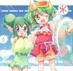  2girls bangs blue_eyes blue_sky clouds cloudy_sky detached_sleeves double_bun draco_centauros fang goggles goggles_on_head gold_bracelet green_hair green_one-piece_swimsuit green_sleeves hair_between_eyes hair_bun horns lidelle_(puyopuyo) lifebuoy looking_at_viewer multiple_girls one_eye_closed open_mouth orange_shorts pointy_ears puyopuyo red_shirt shirt shorts sky sleeveless sleeves_past_wrists smile speech_bubble sun_symbol swimsuit water_drop xox_xxxxxx yellow_eyes 