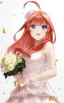  1girl :d ahoge bangs bare_shoulders blue_eyes blunt_bangs blush bouquet commentary_request confetti dress floral_print go-toubun_no_hanayome hair_ornament happy_tears highres holding holding_bouquet ishiyuki long_hair looking_at_viewer nakano_itsuki open_mouth pink_hair shiny shiny_hair simple_background smile solo star_(symbol) star_hair_ornament tearing_up tears wedding_dress white_background 