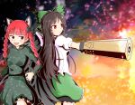  2girls :3 :d animal_ears arm_cannon black_hair bow braid cape cat_ears fire green_bow green_skirt hair_bow high_contrast highres kaenbyou_rin long_hair looking_to_the_side multiple_girls red_eyes redhead reiuji_utsuho rozugadena skirt smile third_eye touhou twin_braids weapon white_cape wings 