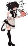  1girl animal_ears apron bangs black_hair cat_ears cat_tail chainsaw chainsaw_man dhalsk hand_on_hip highres hybrid looking_at_viewer maid maid_apron medium_hair pochita_(chainsaw_man) scar scar_on_face simple_background smile solo_focus tail tendou_michiko tongue tongue_out tray white_background wrist_cuffs 