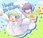  1boy 1girl aqua_hair bangs blue_eyes blue_hair blue_sky bow box clouds ghost ghost_tail gift gift_box green_background green_hair hair_over_eyes happy_birthday holding holding_gift looking_at_viewer open_mouth outdoors polka_dot polka_dot_background purple_hair puyopuyo puyopuyo_fever rei-kun shawl sky smile spring_(object) white_bow xox_xxxxxx yu-chan 