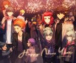  6+boys :d absurdres aqua_hair arm_up bangs black_hair black_headband black_jacket blonde_hair blue_eyes blue_scarf blush brown_eyes brown_hair bruno_(yu-gi-oh!) camera carly_nagisa carrying closed_mouth crow_hogan facial_mark fireworks fudou_yuusei glasses green_eyes grey_pants grin hair_between_eyes happy_new_year headband highres holding holding_camera index_finger_raised izayoi_aki jack_atlas jacket kiryuu_kyousuke long_hair long_sleeves lua_(yu-gi-oh!) luca_(yu-gi-oh!) medium_hair multicolored_hair multiple_boys multiple_girls naoki_(2rzmcaizerails6) night open_clothes open_jacket open_mouth orange_hair orange_scarf pants ponytail redhead sagiri_mikage scarf shiny shiny_hair shirt smile spiky_hair sweater turtleneck turtleneck_sweater twintails two-tone_hair white_jacket white_shirt yu-gi-oh! yu-gi-oh!_5d&#039;s 