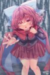  1girl blurry blurry_background bow cape depth_of_field hair_bow kemo_chiharu long_sleeves miniskirt outstretched_hand red_cape red_eyes red_skirt redhead sekibanki short_hair skirt solo touhou 