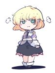  1girl @_@ black_footwear black_skirt blonde_hair blush_stickers brown_shirt closed_mouth fried_rice0614 full_body green_eyes highres mizuhashi_parsee one-hour_drawing_challenge pointy_ears scarf shirt shoes short_hair short_sleeves simple_background skirt socks solo touhou white_background white_scarf white_socks 