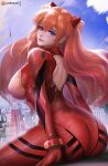  1girl arched_back ass bangs bare_back blue_eyes blue_sky bodysuit breasts closed_mouth day from_behind highres long_hair looking_at_viewer looking_back neon_genesis_evangelion patreon_logo patreon_username red_bodysuit redhead sitting sky souryuu_asuka_langley thighs transmission_tower turewindwalker 