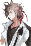  1boy ahoge animal_ears aqua_eyes arknights bangs black_shirt cat_boy cat_ears collared_shirt earphones hair_between_eyes hair_ribbon jewelry male_focus necklace parted_lips red_ribbon ribbon shirt simple_background solo stainless_(arknights) ueauwa upper_body white_background white_shirt 