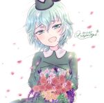  1girl asayanagi bangs black_headwear bouquet cross-laced_clothes cross-laced_footwear dated dress flower green_dress green_eyes green_hair hat holding holding_bouquet looking_at_viewer open_mouth red_flower short_hair signature simple_background soga_no_tojiko solo tate_eboshi touhou upper_body white_background 