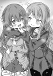  2girls @_@ absurdres ao_daidai_ki arm_around_neck arm_behind_back arm_under_breasts assault_lily bangs blush bow buttons cardigan commentary cowboy_shot crossed_bangs fate_(series) flying_sweatdrops gradient gradient_background grey_background greyscale hair_between_eyes hair_bow half_updo halftone hand_on_another&#039;s_chin hand_on_another&#039;s_shoulder hands_up heavy_breathing high-waist_skirt highres kanba_girls_high_school_uniform long_hair long_sleeves looking_at_another looking_away looking_to_the_side miniskirt miyagawa_takane monochrome multiple_girls necktie pantyhose parted_lips partially_unbuttoned plaid plaid_skirt sailor_collar school_uniform shirt short_necktie side-by-side sidelocks skirt smile sparkle standing thigh-highs toki_kureha v-shaped_eyebrows very_long_hair wavy_mouth yuri zettai_ryouiki 