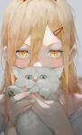  1girl absurdres animal bangs blonde_hair cat chainsaw_man commentary_request cross-shaped_pupils hair_ornament hairclip highres holding holding_animal holding_cat horns long_hair looking_at_viewer niri_(eunhaha02) portrait power_(chainsaw_man) red_horns shirt solo white_cat white_shirt yellow_eyes 