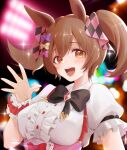  1girl :d absurdres animal_ears bangs black_bow blurry blurry_background blush bow breasts brown_eyes brown_hair center_frills commentary_request depth_of_field frills hair_between_eyes hair_bow hand_up highres horse_ears koriku looking_at_viewer medium_breasts pink_bow puffy_short_sleeves puffy_sleeves purple_bow shirt short_sleeves smart_falcon_(umamusume) smile solo twintails umamusume upper_body white_shirt wrist_cuffs yellow_bow 