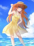  1girl absurdres arm_up bangs bare_legs bare_shoulders blue_eyes blue_sky breasts clouds emergencysundae eyebrows_hidden_by_hair hair_between_eyes hat highres long_hair looking_at_viewer neon_genesis_evangelion ocean orange_hair skirt sky smile solo souryuu_asuka_langley 