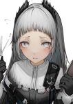  1girl absurdres arknights black_gloves blush earrings gloves grey_hair highres holding holding_brush holding_scissors irene_(arknights) jewelry long_hair looking_at_viewer scissors solo tab_head upper_body white_eyes 
