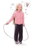  1girl 2022 absurdres bangs blonde_hair blush closed_eyes full_body highres holding jacket jump_rope long_hair long_sleeves luimiart musical_note open_mouth original pink_jacket rainbow shoes smile solo speech_bubble standing standing_on_one_leg teeth upper_teeth white_background 