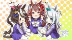  3girls absurdres aged_down ahoge alternate_eye_color alternate_hair_color animal_ears bangs blue_eyes blush_stickers bow bowl bowtie brown_hair commentary_request cream daiwa_scarlet_(umamusume) ear_bow fang female_child finger_in_own_mouth food food_on_face green_bow hair_between_eyes hair_bow hair_intakes high_ponytail highres holding holding_bowl horse_ears horse_girl horse_tail horseshoe_ornament light_brown_hair long_hair long_sleeves looking_at_viewer mejiro_mcqueen_(umamusume) mixing_bowl multicolored_hair multiple_girls open_mouth pink_bow pleated_skirt purple_sailor_collar purple_shirt purple_skirt red_bow red_eyes sailor_collar sailor_shirt school_uniform shiny shiny_hair shirt sidelocks skin_fang skirt solid_oval_eyes streaked_hair tail tasting tiara tokai_teio_(umamusume) tracen_school_uniform twintails umamusume very_long_hair violet_eyes white_bow white_bowtie winter_uniform yunekoko 