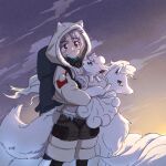  1boy alolan_ninetales alolan_vulpix arknights bangs black_gloves chinese_commentary closed_mouth commentary_request crossover evolutionary_line fur_trim gloves grey_hair holding holding_pokemon hood hood_up hooded_jacket jacket long_sleeves looking_at_viewer male_focus outdoors pokemon pokemon_(creature) qanipalaat_(arknights) red_eyes robinlovesop short_hair sky smile standing twilight white_jacket 