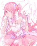  1other akiyama_mizuki androgynous back_bow bangs bow bright_pupils detached_sleeves dress ebisumori hands_up heart heart_of_string highres holding holding_ribbon light_blush long_hair looking_at_viewer official_alternate_costume other_focus parted_lips pink_bow pink_eyes pink_hair pink_ribbon pink_theme project_sekai puffy_detached_sleeves puffy_short_sleeves puffy_sleeves purple_bow purple_ribbon ribbon secret_distance_(project_sekai) short_sleeves side_ponytail sidelocks sleeveless sleeveless_dress solo wavy_hair white_pupils 