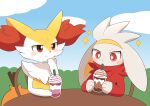  1girl 1other animal_ear_fluff animal_ears animal_hands animal_nose blue_sky blush body_fur braixen bright_pupils bush chair closed_mouth clouds commentary_request cup day disposable_cup drink drinking drinking_straw flat_chest fox_ears fox_girl fox_tail frappuccino fur_collar furry furry_female grey_fur hand_to_own_mouth hand_up happy highres holding holding_cup holding_drink looking_at_another looking_down on_chair open_mouth outdoors partial_commentary pokemon pokemon_(creature) rabbit_ears raboot red_eyes red_fur sitting sketch sky smile stick subaru331 table tail two-tone_fur upper_body white_fur white_pupils wide-eyed yellow_fur 