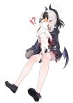  !? 1girl 1other animal backpack bag bare_legs black_footwear black_hair black_hoodie blue_archive blush cat demon_horns drooling full_body halo highres holding holding_animal holding_cat hood hoodie horns karasu-san_(syh3iua83) kayoko_(blue_archive) long_sleeves looking_at_another low_wings mouth_drool multicolored_hair plaid plaid_skirt ponytail red_eyes red_skirt sidelocks simple_background single_wing skirt two-tone_hair white_background white_hair wings 