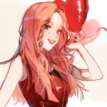  1girl animification balloon blue_eyes chinese_commentary eye_piercing flat_chest g-i-dle holding holding_balloon k-pop long_hair open_mouth photo-referenced pink_hair real_life red_nails red_shirt shirt sleeveless sleeveless_shirt smile solo song_yu_qi xiaomai_de_qi_ye 