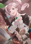  1girl amira_(shingeki_no_bahamut) belt blazpu blue_eyes blurry blurry_background blurry_foreground brooch capelet collared_shirt drooling food fork highres interlocked_fingers jewelry knife light_smile long_hair long_sleeves open_mouth own_hands_together pasta pink_hair shingeki_no_bahamut shirt solo spaghetti twintails upper_body white_shirt 