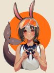  animal_ears blush commission commissioner_upload fish_tail goggles goggles_on_head highres multicolored_hair neck_ribbon non-web_source ponytail rabbit_ears ribbon shark_tail sharkabbit tail two-tone_hair 