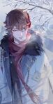  1boy blue_eyes fur_collar genshin_impact highres male_focus manomenou mask mask_on_head orange_hair outdoors red_mask solo steam tagme tartaglia_(genshin_impact) upper_body winter_clothes 