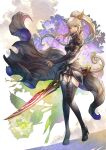  1girl 2022 absurdres animal_ears bangs black_gloves blonde_hair closed_mouth elbow_gloves final_fantasy final_fantasy_xiv flower full_body garter_straps gloves highres holding holding_sword holding_weapon miqo&#039;te original shukei sidelocks skirt smile solo standing sword weapon 