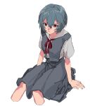  1girl a12740807 ayanami_rei blue_hair closed_mouth cropped_legs expressionless feet_out_of_frame from_above highres looking_at_viewer neon_genesis_evangelion red_eyes red_ribbon ribbon school_uniform short_hair simple_background sitting solo tokyo-3_middle_school_uniform white_background 