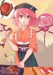  1girl absurdres animal_ears bird_ears bird_wings black_headwear brown_eyes brown_kimono echoyan20038 fang food hair_between_eyes head_scarf highres japanese_clothes kimono mystia_lorelei okamisty open_mouth pink_hair short_hair short_sleeves smile solo sushi touhou touhou_mystia&#039;s_izakaya white_wings wings 