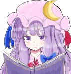  1girl bangs blue_bow blue_ribbon book bow closed_mouth collar commentary_request crescent crescent_hat_ornament frown hair_bow hat hat_ornament hat_ribbon highres higurashi7956 long_hair mob_cap open_book patchouli_knowledge purple_hair reading red_bow red_ribbon ribbon simple_background solo touhou violet_eyes white_background 
