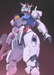  armor beam_rifle energy_gun from_below glowing glowing_eyes green_eyes gun gundam gundam_aerial gundam_suisei_no_majo highres holding holding_gun holding_weapon mecha mobile_suit no_humans robot science_fiction simple_background solo v-fin weapon yd_(orange_maru) 