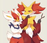  2girls :&lt; absurdres animal_ears animal_nose annoyed blue_fur blush body_fur breasts bright_pupils chromatic_aberration cinderace closed_mouth commentary_request cowboy_shot crossed_arms delphox furry furry_female half-closed_eyes hand_to_own_mouth hands_up height_conscious height_difference highres holding holding_stick looking_at_another multicolored_fur multiple_girls partial_commentary pokemon pokemon_(creature) rabbit_ears rabbit_girl rabbit_tail red_eyes red_fur redhead short_hair sideways_mouth small_breasts smile snout squiggle standing stick subaru331 sweat tail white_fur white_pupils yellow_fur 