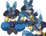  1boy :&lt; absurdres animal_ears animal_feet animal_hands armlet aura black_fur blue_fur body_fur chromatic_aberration clenched_teeth closed_mouth clothed_pokemon commentary_request earclip expressionless fighting_stance furry furry_male gold half-closed_eye hand_on_own_cheek hand_on_own_face hand_on_own_thigh hand_up head_rest highres indian_style jewelry leaning_forward loincloth looking_to_the_side lucario male_focus multicolored_fur multiple_views neck_ring one_eye_closed outline partial_commentary pelvic_curtain pokemon pokemon_(creature) red_eyes sideways_mouth sitting snout spikes standing subaru331 tail teeth thick_thighs thighs upper_body white_outline wolf_boy wolf_ears wolf_tail yellow_fur 